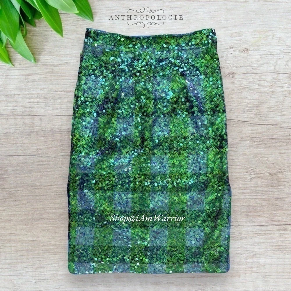 Anthropologie Maeve iridescent sequin buffalo check pencil skirt shop@iamwarrior